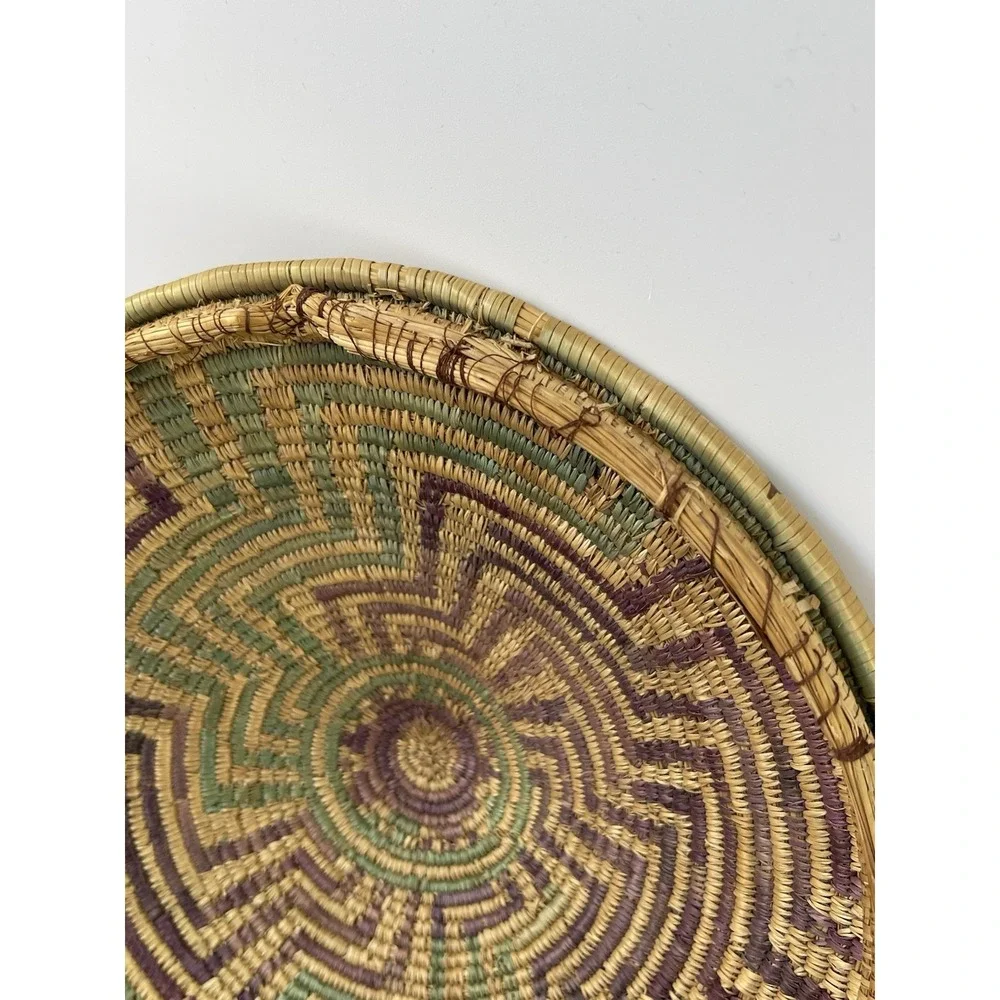 Vintage African Style Handwoven Coil‎ Lidded Basket W/ Colorful Interior Design